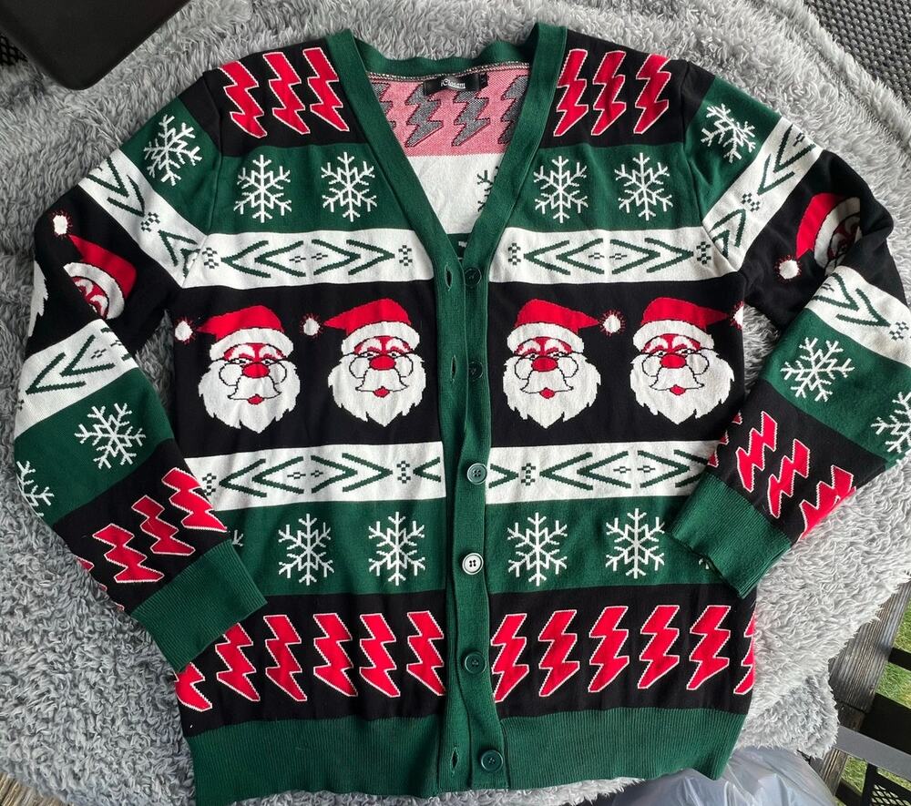 Christmas Cardigan Sweater, santa, Excellent condition, bolts,  Adult Medium